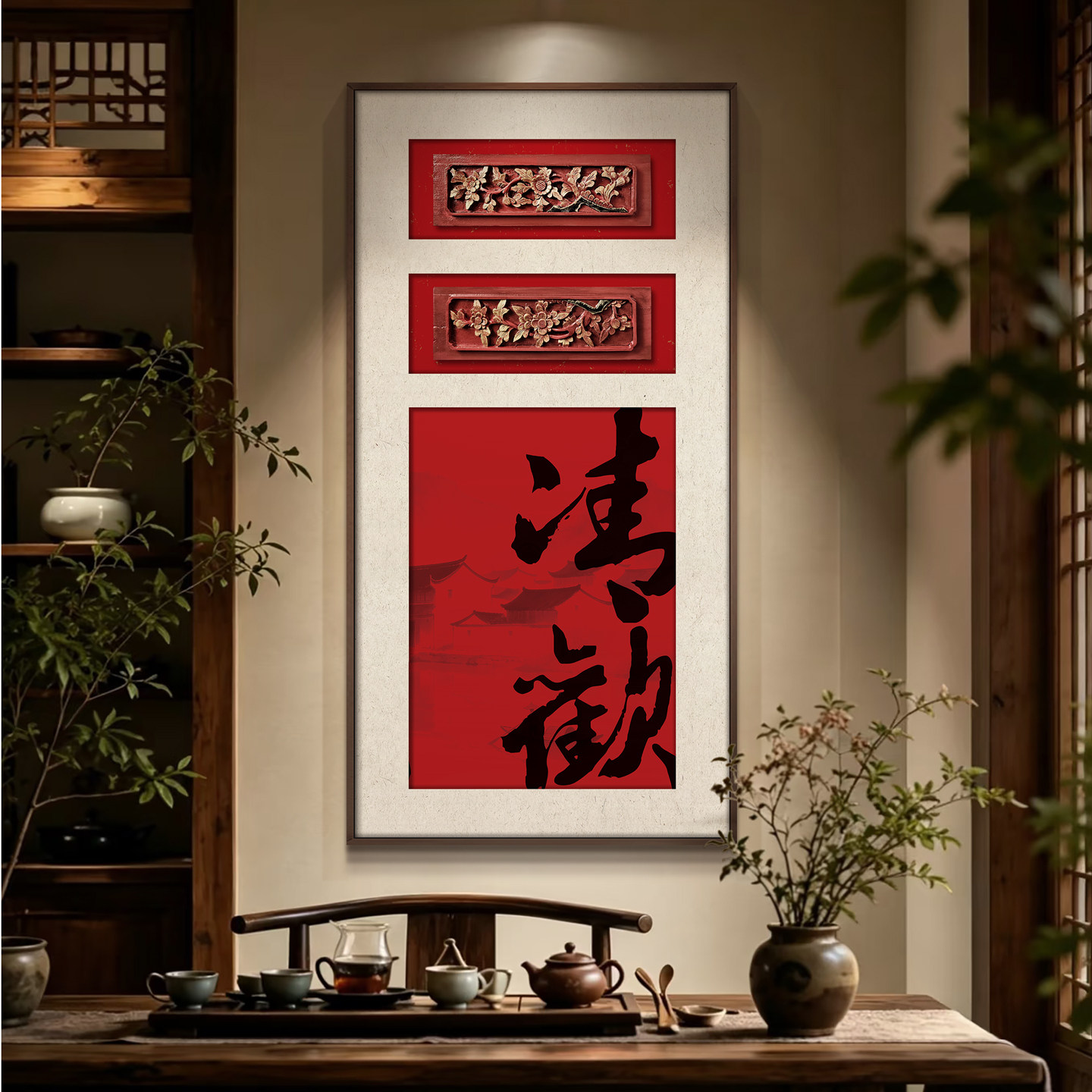 新中式红色古风鸿欢木雕装饰画