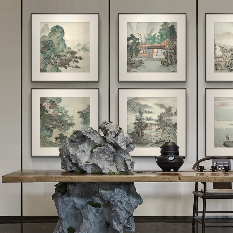 新中式茶室背景墙上装饰画《山水雅致》书房山水风景挂画艺术作品图片
