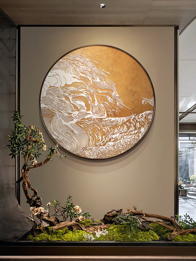 入户玄关装饰画新中式石竹图浮雕立体挂画办公室茶桌背景墙面壁画