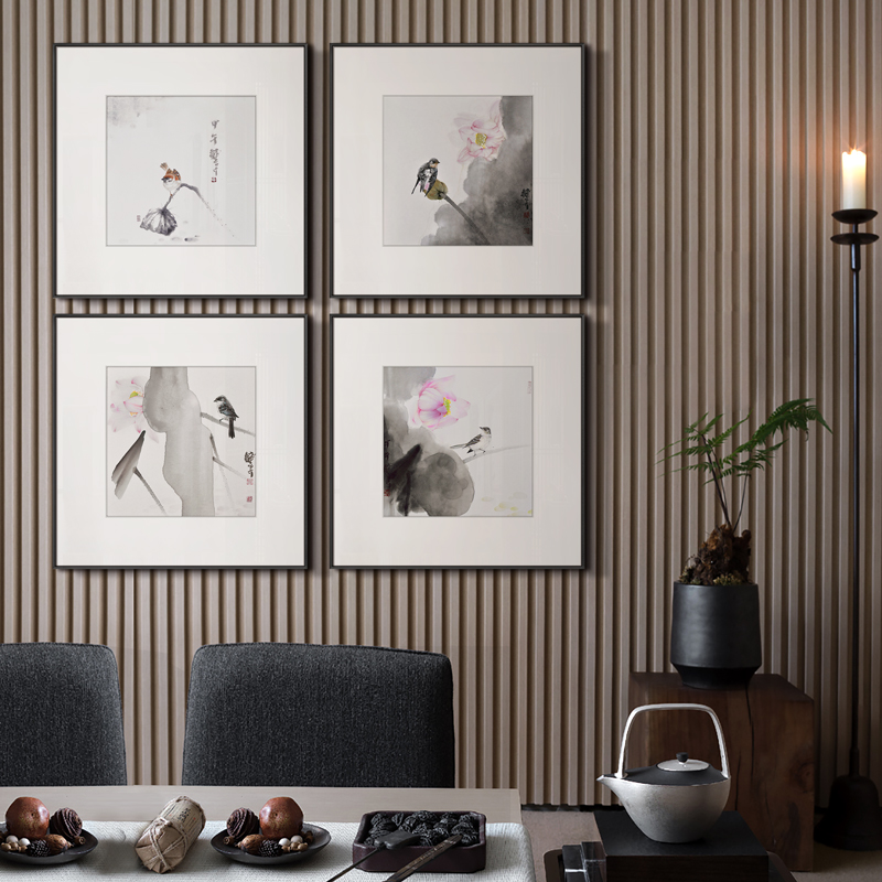 新中式茶室禅意水墨荷花装饰画饭店民宿餐厅挂画卧室书房多联壁画图片