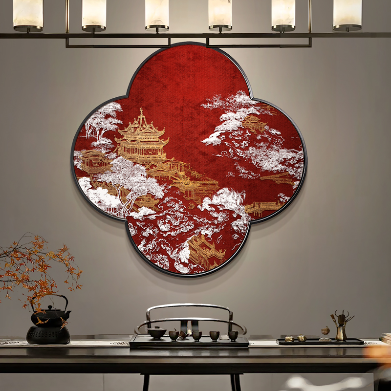 新中式办公室立体浮雕装饰画玄关圆形挂画茶室山水佳境背景墙壁画图片