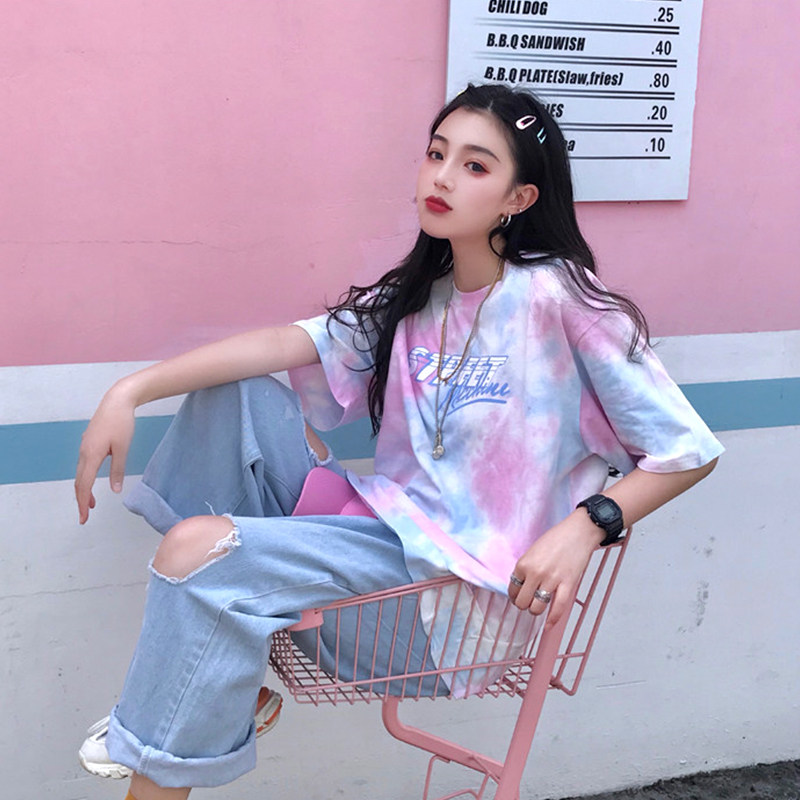 纯棉春夏2020新款宽松扎染中长款大版短袖T恤女ins潮大码网红上衣|msdalam kategori mod main/animasi/Zhou Bian/cos/permainan papan, kostum cosplay/props/perkhidmatan, Wanita Cosplay - dari Buy2taobao.com untuk memberikan perkhidmatan ejen Taobao profesional membeli