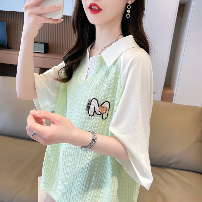 宽松提花撞色polo领短袖t恤女潮