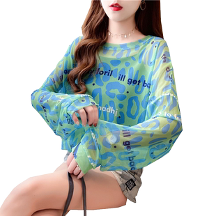 防晒衣罩衫女长袖夏宽松大码空调衫网纱镂空中长款上衣薄款短外套