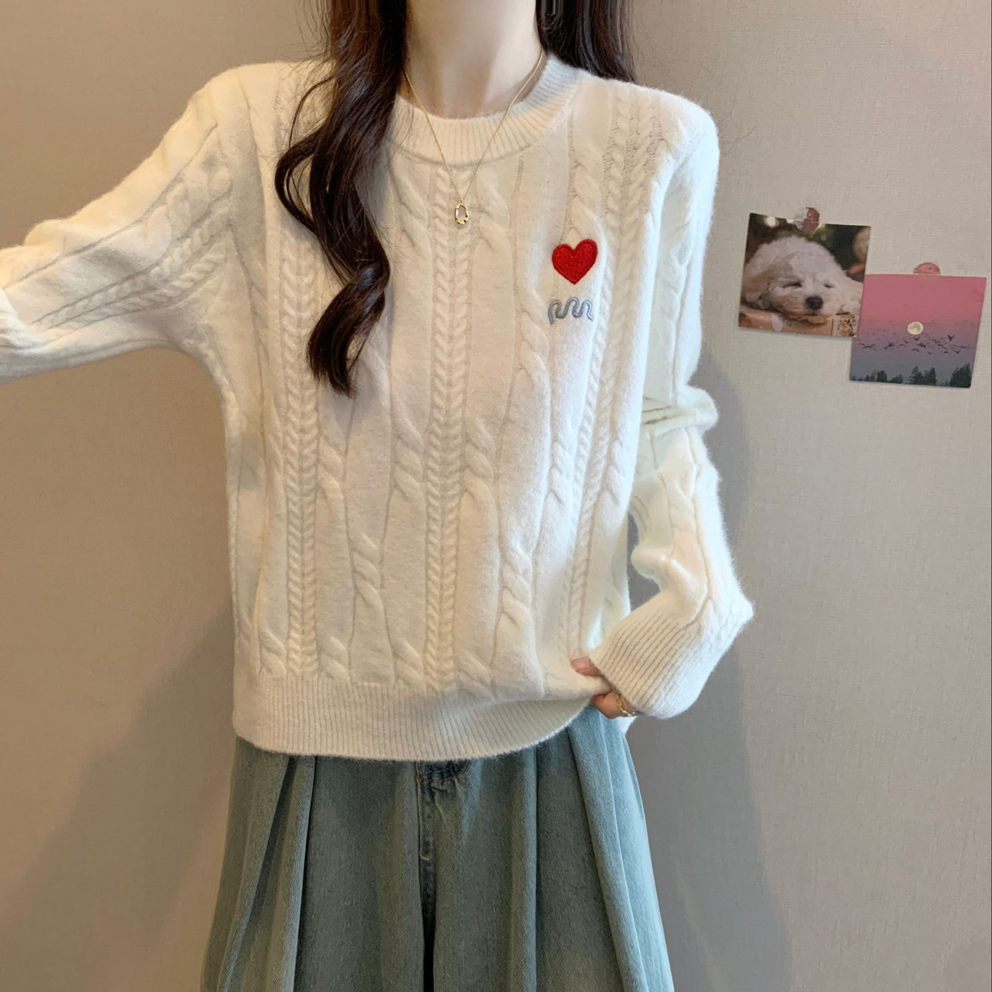 高级感爱心刺绣麻花针织衫毛衣女2025新款秋冬宽松可外穿长袖上衣