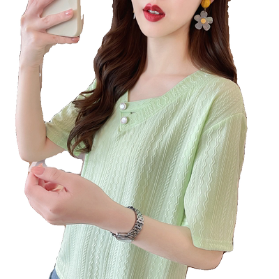 宽松设计感小众泡花v领短袖t恤女