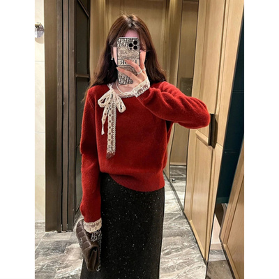 高级感蕾丝蝴蝶结系带毛衣女打底