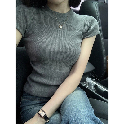 别致镂空灰色正肩针织衫短袖女潮