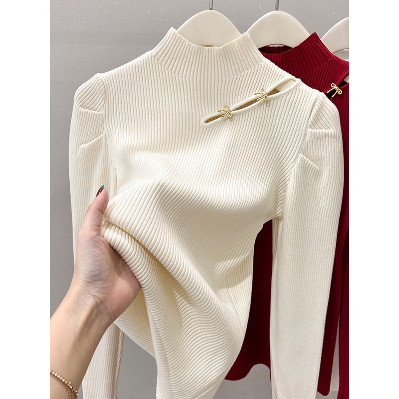 新中式镂空半高领针织衫毛衣女潮