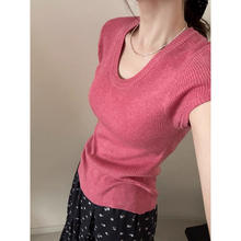 玫粉色显白U领短袖t恤女夏季设计感小众辣妹露锁骨针织衫T恤上衣