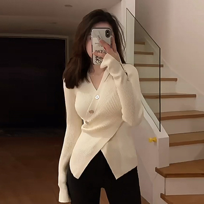 不规则设计感交叉v领针织衫女潮