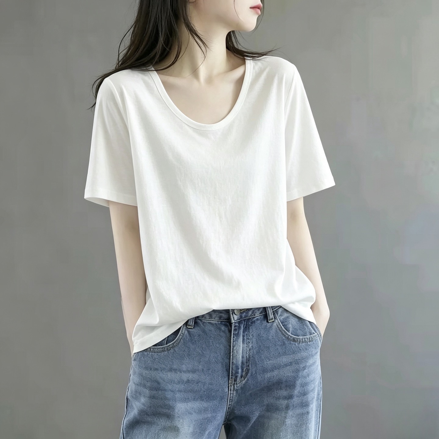 韩系白色U领正肩纯棉短袖t恤女夏季百搭宽松慵懒显瘦休闲半袖上衣