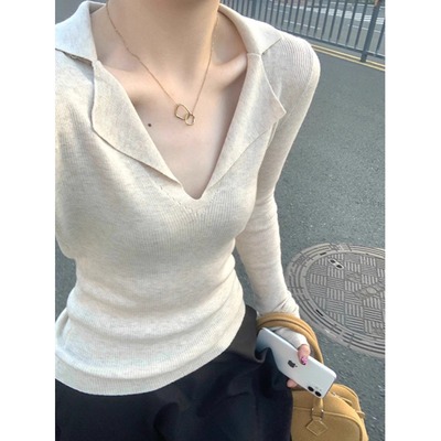 纯欲风深v领打底衫翻领毛衣女潮