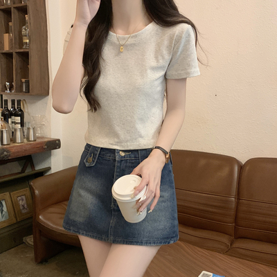 美式花灰色圆领正肩t恤女短袖潮