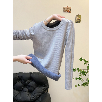 加绒加厚圆领打底衫女针织衫上衣