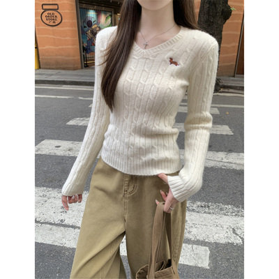 小个子短款v领麻花针织衫女打底