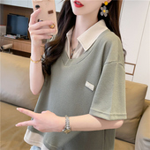 夏装 韩版 宽松大码 假两件华夫格t恤女短袖 百搭翻领polo衫 撞色上衣