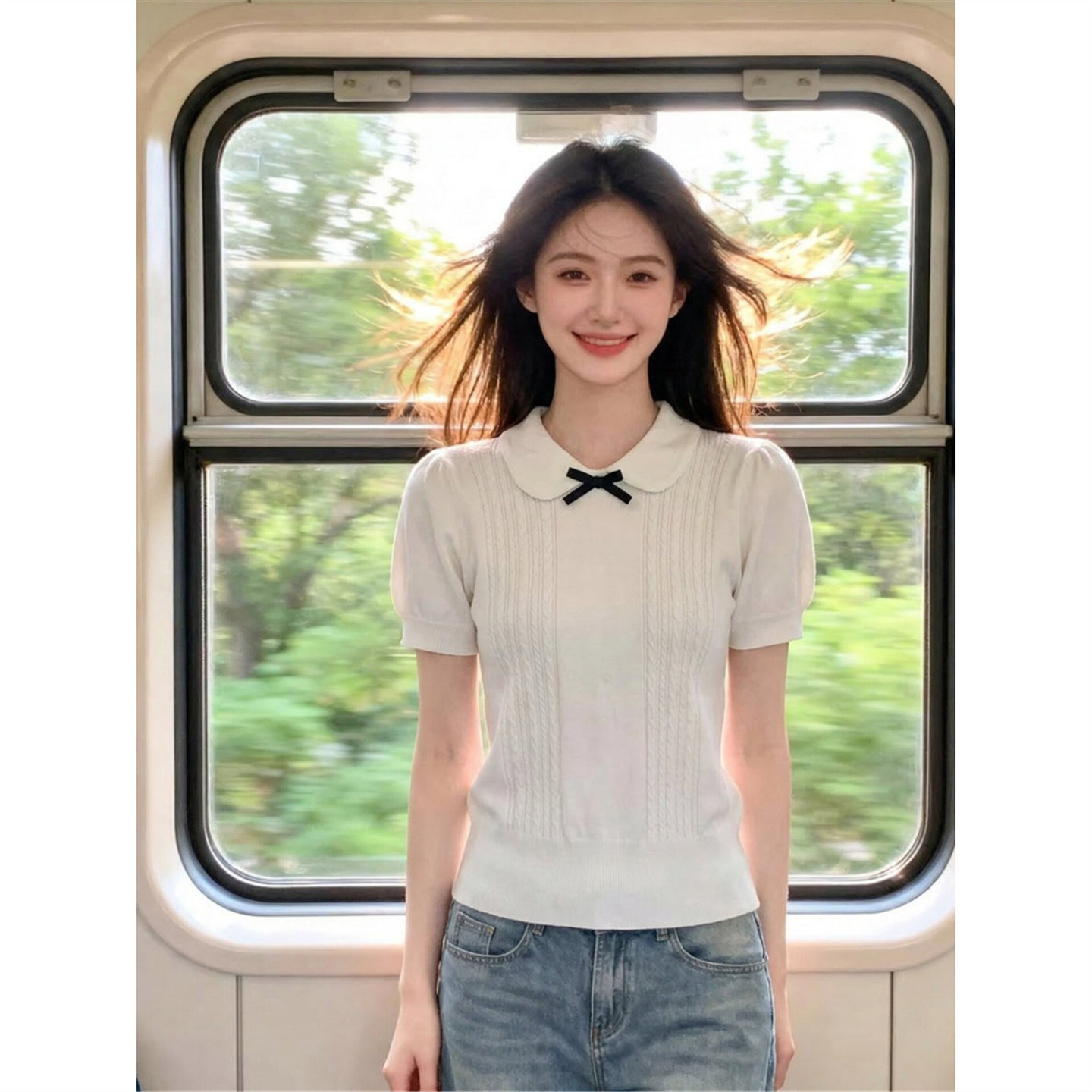 学院风白色娃娃领麻花针织短袖t恤女夏季薄款修身掐腰翻领短上衣