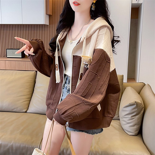 宽松薄款连帽撞色棒球服外套女潮