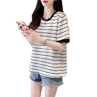 小众设计感正肩t恤女短袖夏季韩版宽松百搭短款小个子条纹上衣潮