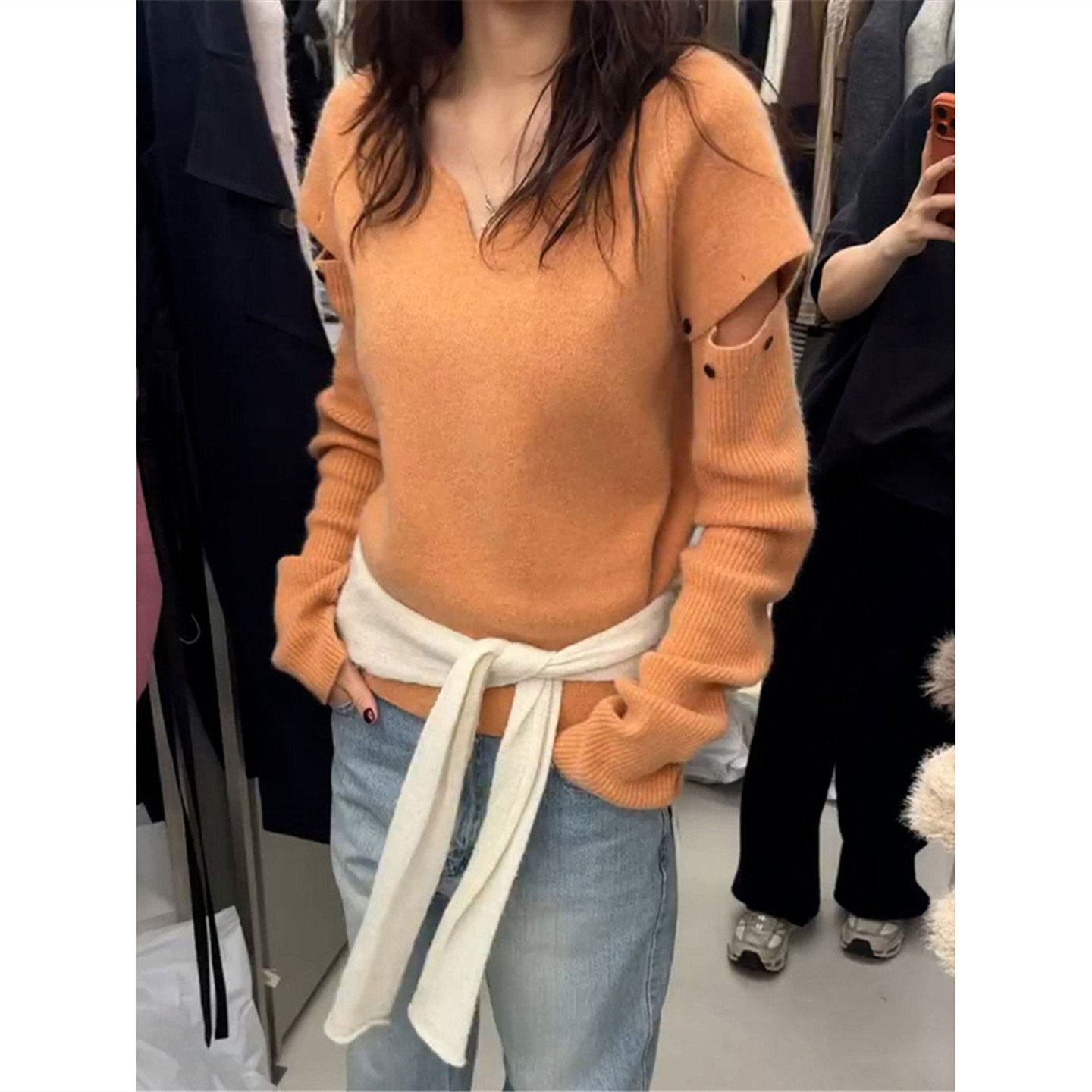 设计感小众v领镂空长袖针织衫女秋冬软糯毛衣修身内搭打底衫上衣,女装/女士精品,毛针织衫,淘宝优惠券,粉丝福利购,淘宝优惠卷