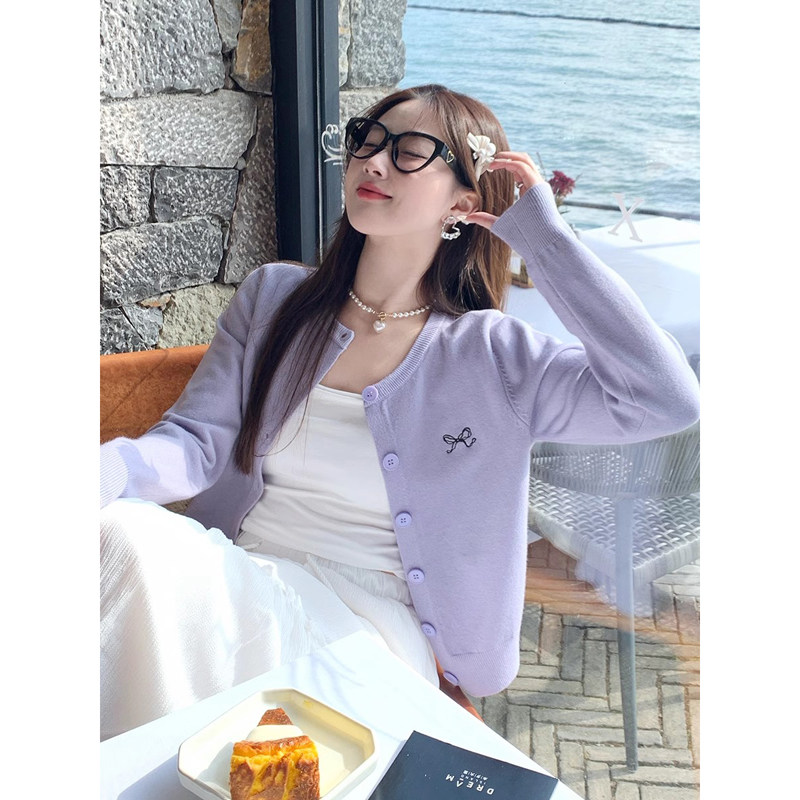 早秋蝴蝶结刺绣紫色毛衣女薄款春秋季设计感独特漂亮针织开衫外套