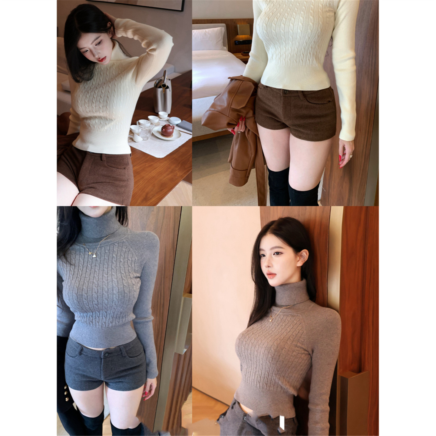 韩系灰色高领针织衫麻花毛衣女潮