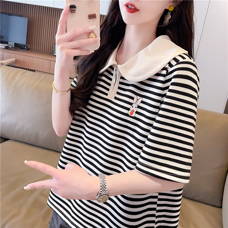 翻领polo衫条纹短袖t恤女夏2025新款韩版宽松百搭小个子短款上衣