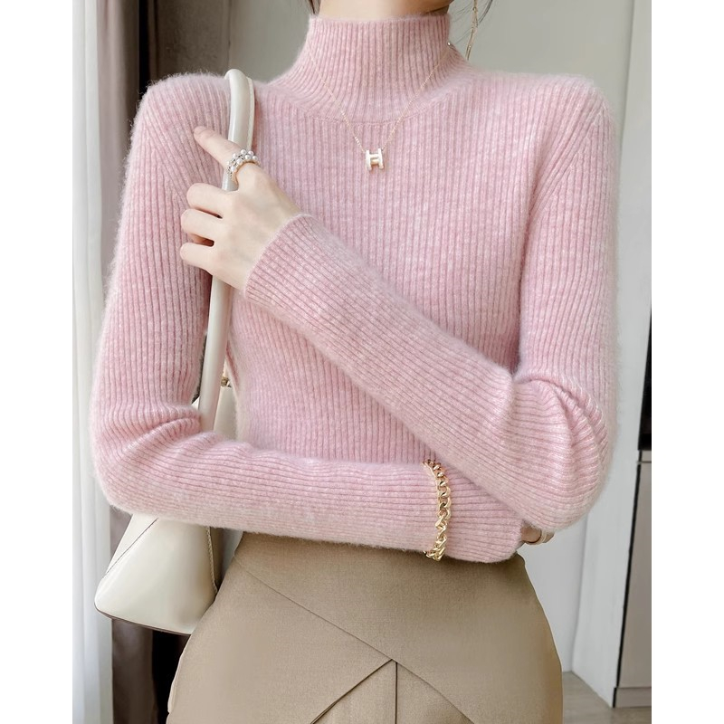 粉色毛衣女半高领打底针织衫上衣
