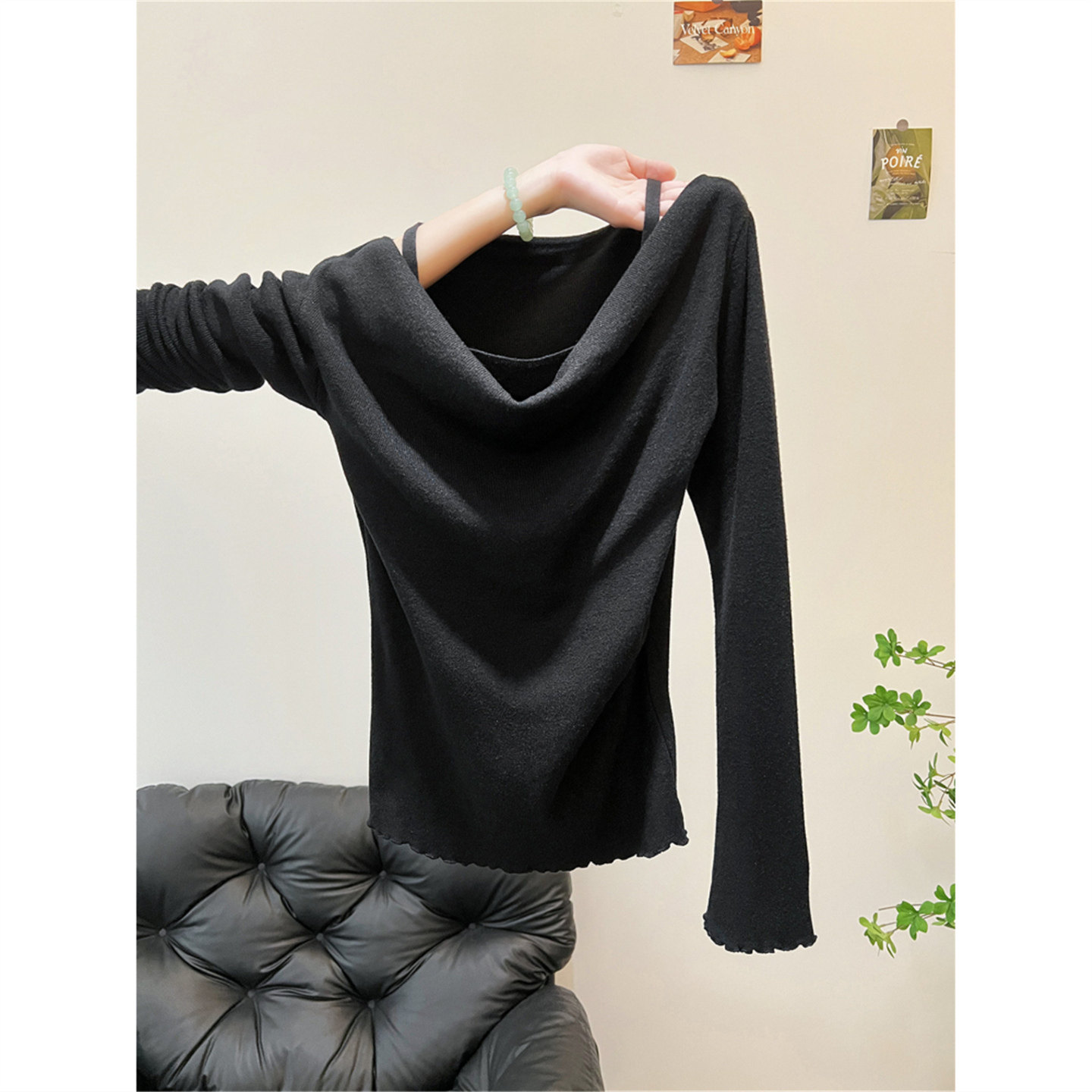 设计感小众一字肩假两件针织衫女