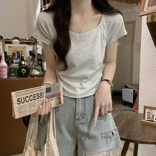 设计感小众修身 小个子短款 t恤女夏季 法式 褶皱正肩小上衣 方领短袖