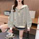 韩版 早秋薄款 条纹卫衣女春秋季 宽松设计感小众小个子连帽上衣外套