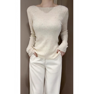 高级设计感白色烫钻长袖针织衫女秋冬修身内搭小个子毛衣打底上衣