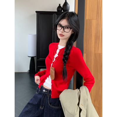 性感辣妹红色假两件长袖针织衫女