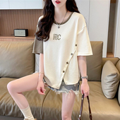 韩版 小个子华夫格短袖 t恤女夏2025新款 宽松不规则开叉撞色上衣