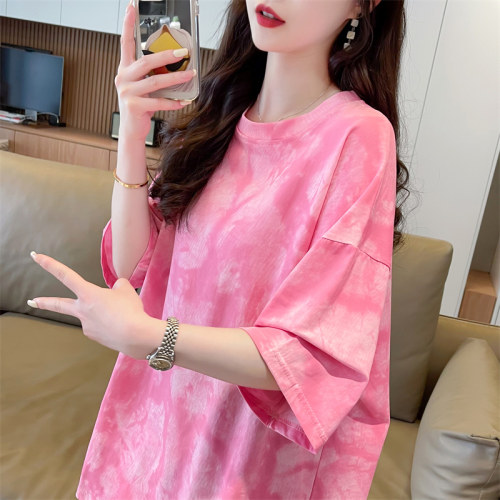 宽松设计感扎染胖mm短袖t恤女潮