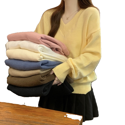 宽松慵懒风外穿v领毛衣女针织衫