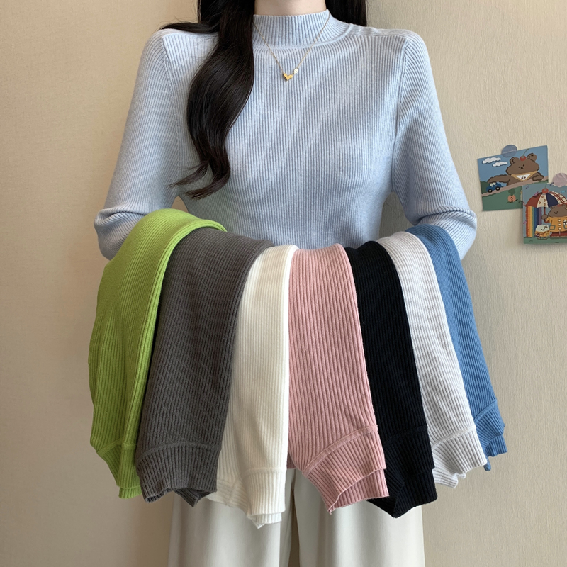 半高领修身显瘦打底衫女蓝色毛衣
