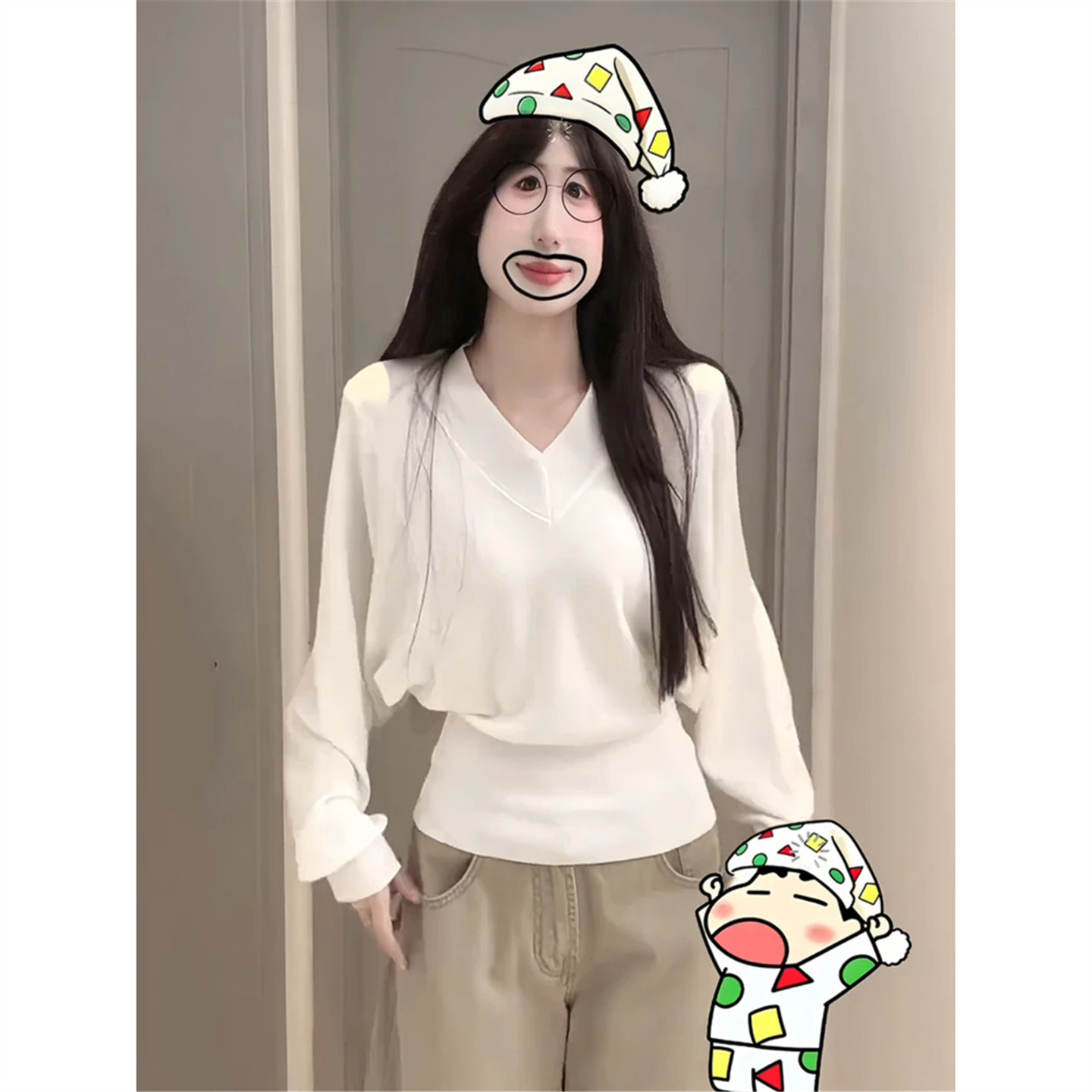 慵懒风蝙蝠袖软糯白色v领毛衣女春秋百搭修身收腰打底针织衫上衣