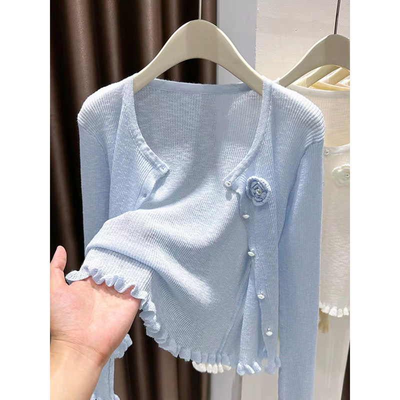 多巴胺蓝色冰丝薄纱针织防晒开衫女夏季配吊带别致荷叶边花朵罩衫 - 零觅旗舰店出品