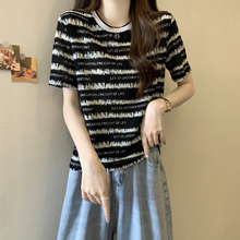 正肩短袖t恤女夏季韩版宽松大码设计感小众小个子短款条纹上衣服