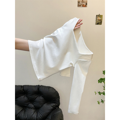 白色方领德绒长袖t恤女短款上衣