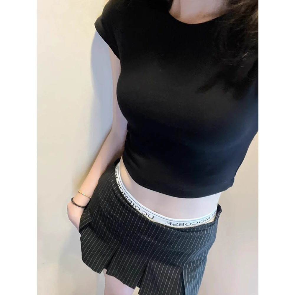 美式复古黑色t恤女短袖夏季2025新款修身紧身高腰露脐短款小上衣