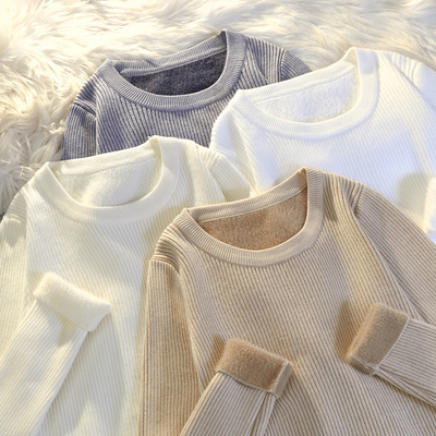 加绒加厚保暖圆领毛衣女内搭上衣