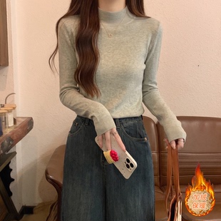 半高领长袖针织内搭打底衫上衣秋冬新款修身保暖加厚一体绒毛衣女
