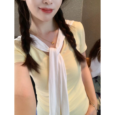假两件系带黄色v领短袖t恤女上衣