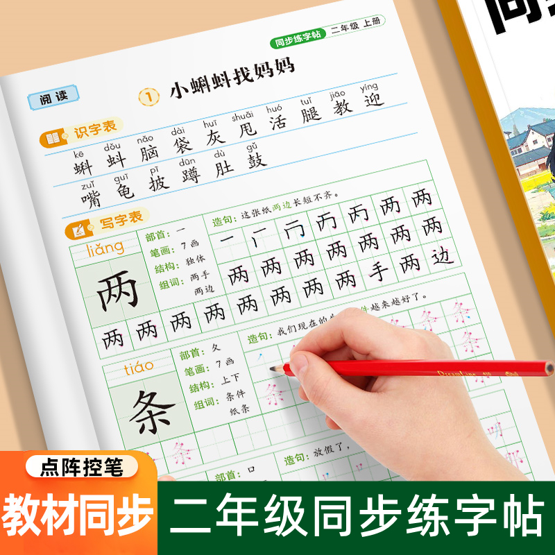 二年级上册练字帖人教版语文同步字帖一升二同步练字帖小学2年级小学生专用练字帖点阵控笔训练二年级同步练字帖课本写字帖天天练