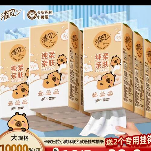清风BG25SCIP纯柔亲肤卡皮巴拉悬挂式抽纸4层250抽/提整箱10提