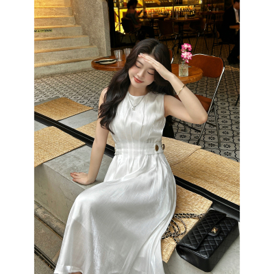 法式缎面纯色无袖高腰A摆连身裙