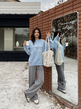 BI备神裤/Suri2024秋冬灰色宽松高腰阔腿裤垂感休闲加长针织裤